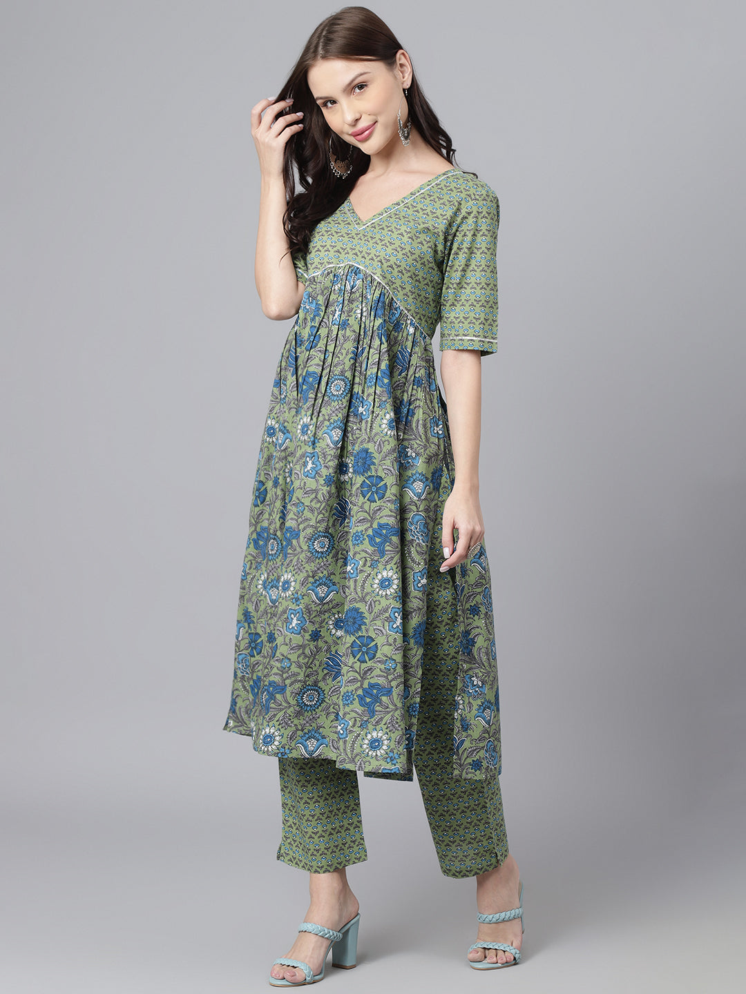 Green Floral Printed V Neck A-Line Kurta