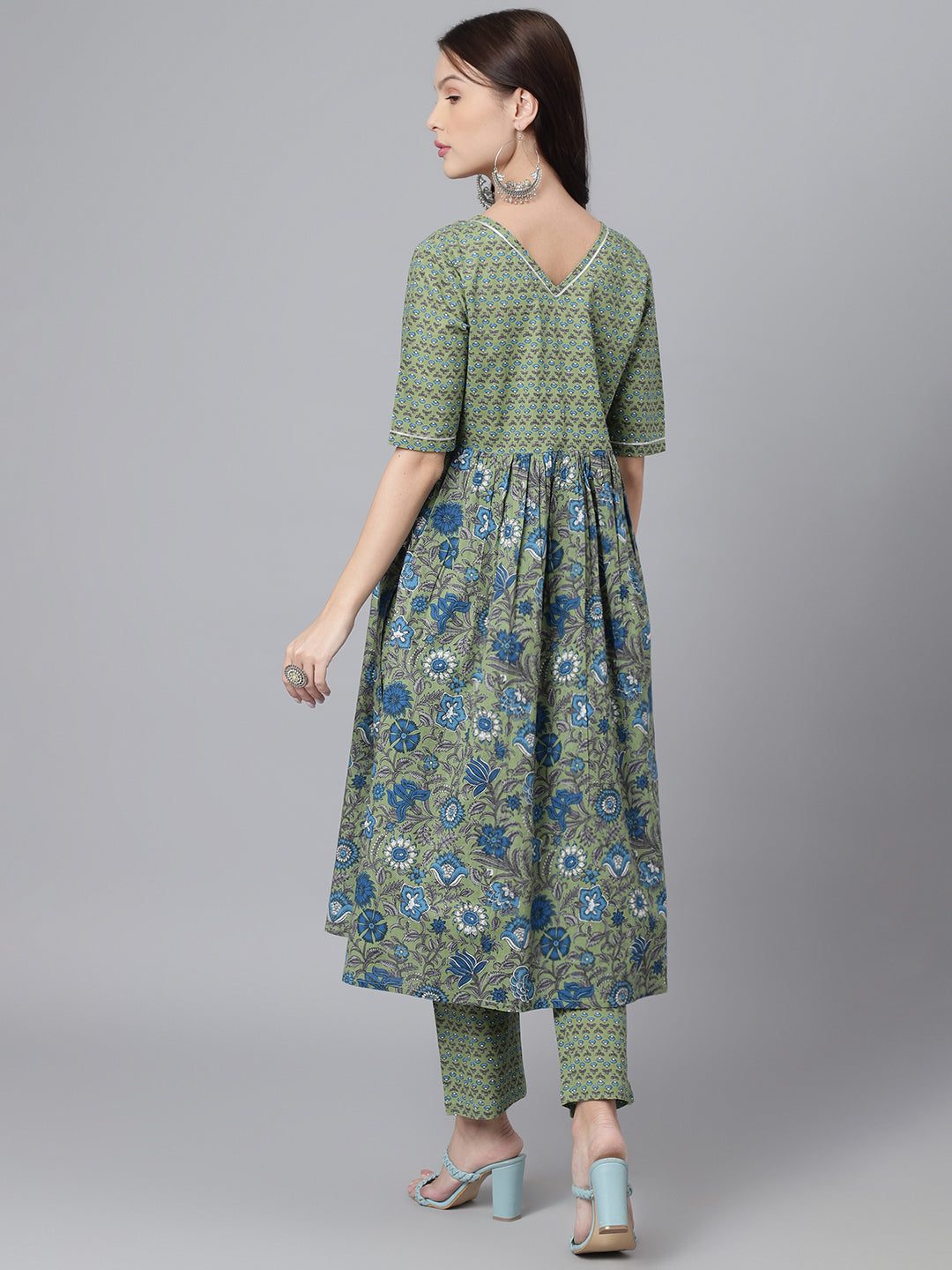 Green Floral Printed V Neck A-Line Kurta