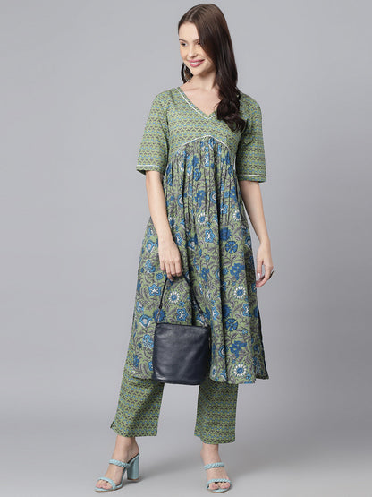 Green Floral Printed V Neck A-Line Kurta