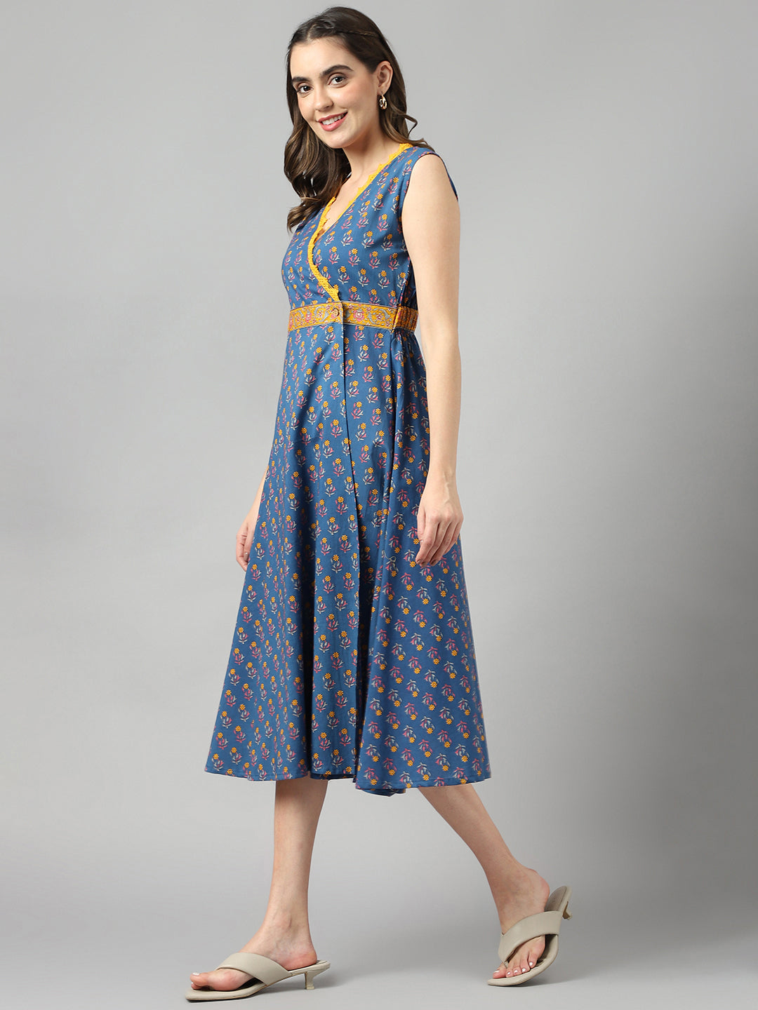 Blue Cotton Texrtured Fit & Flared Dress