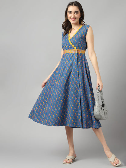 Blue Cotton Texrtured Fit & Flared Dress