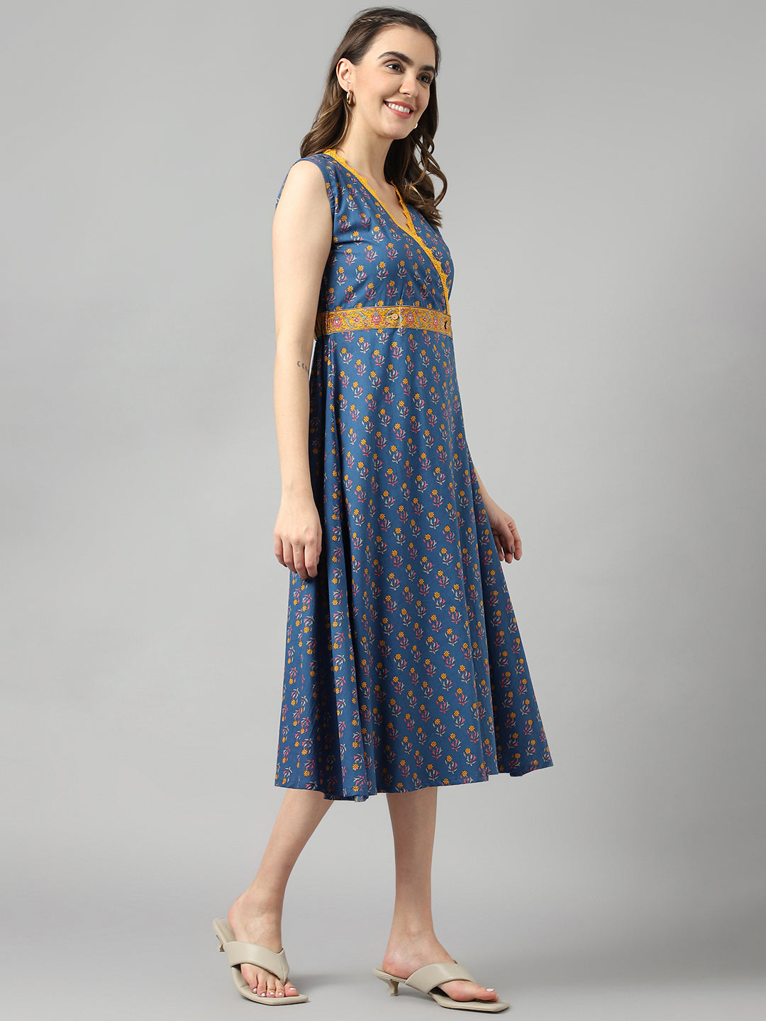 Blue Cotton Texrtured Fit & Flared Dress