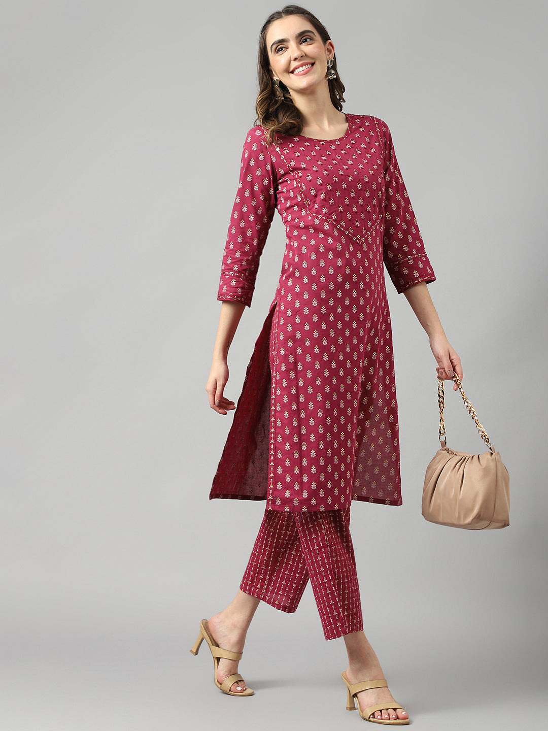 Wine Straight Kurta Pant Set