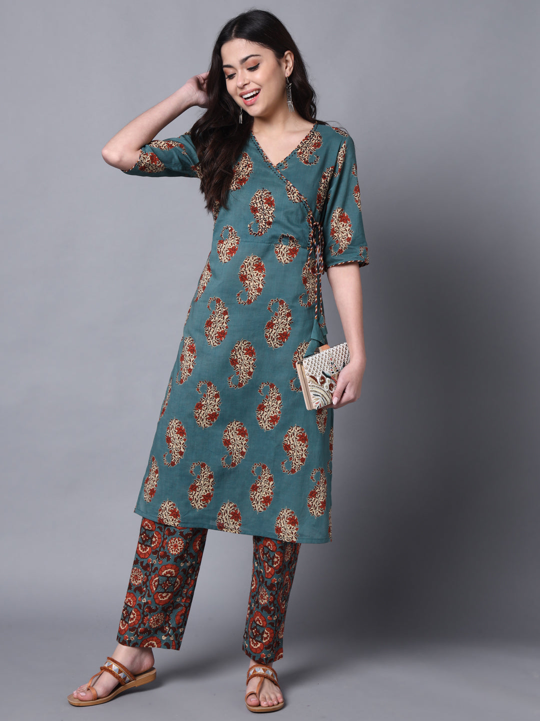 Green Angrakha Kurta Pant Set