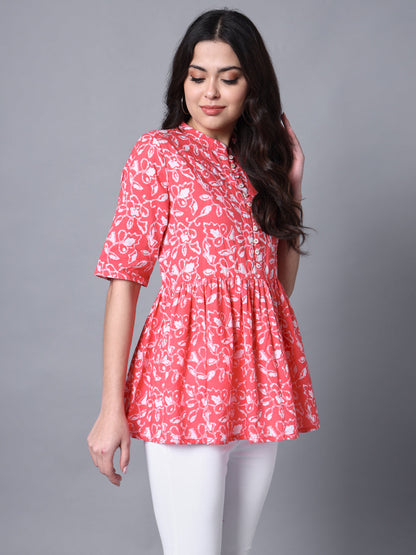 Cotton Pink Floral Printed Flared Top