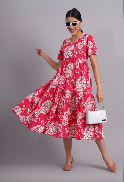 Floral Printed Cotton Empire Midi Dress