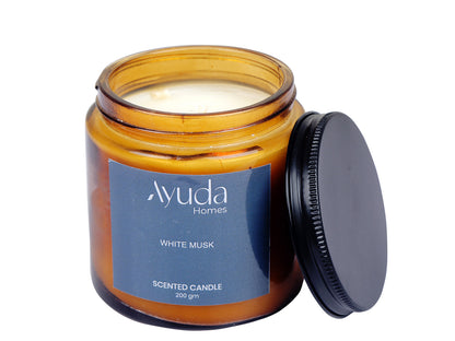 White Musk Scented Candle - Soy Wax | Amber Glass Jar - Ayuda Homes