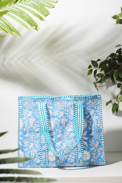 Baby Blue Quilted Tote Bag with Set of 3 Pouches