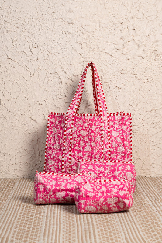 Rosy Quilted Tote Bag with Set of 3 Pouches