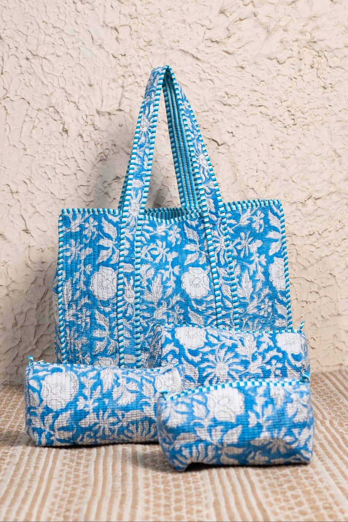 Baby Blue Quilted Tote Bag with Set of 3 Pouches