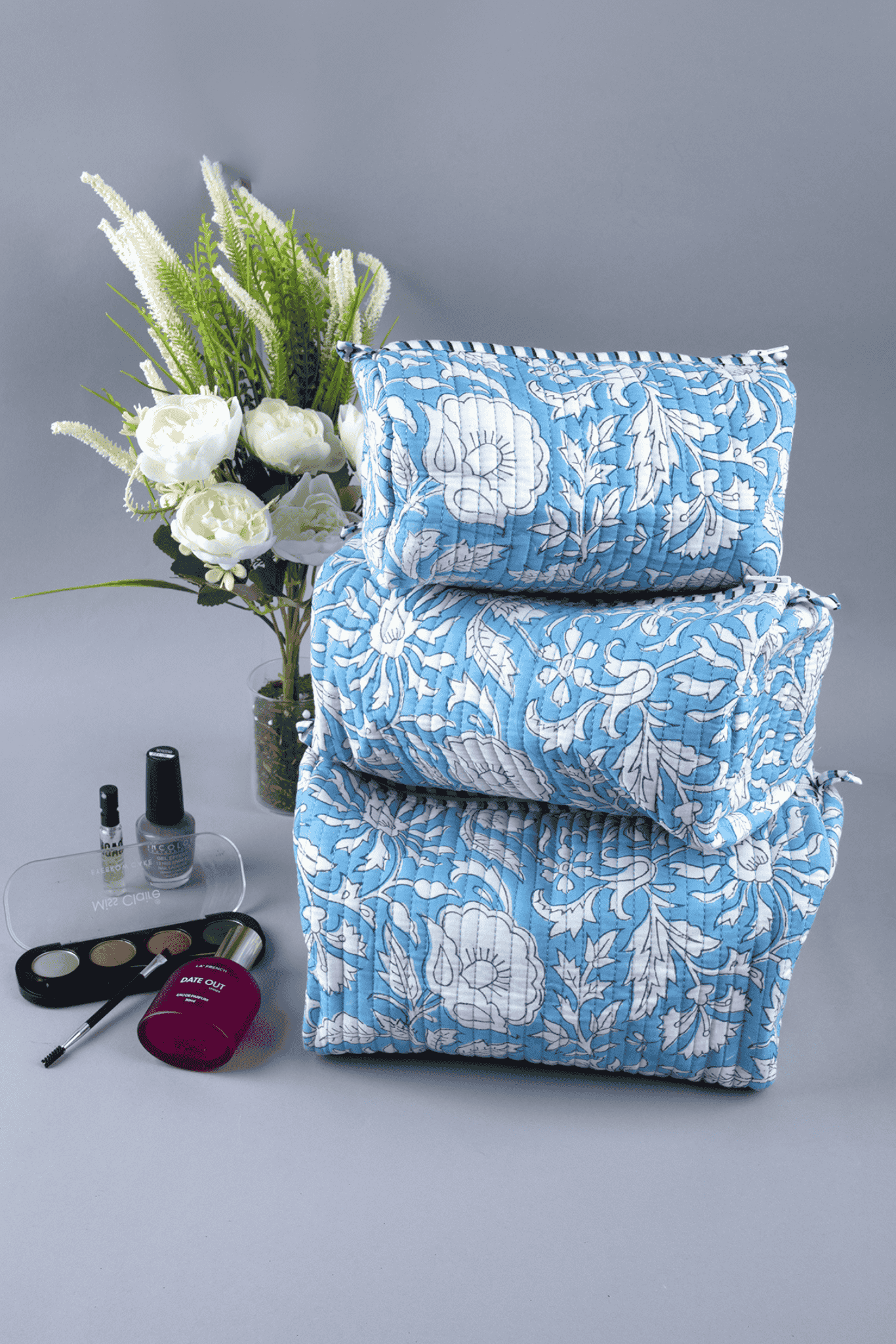 Baby Blue Quilted Tote Bag with Set of 3 Pouches