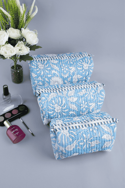 Baby Blue Quilted Tote Bag with Set of 3 Pouches