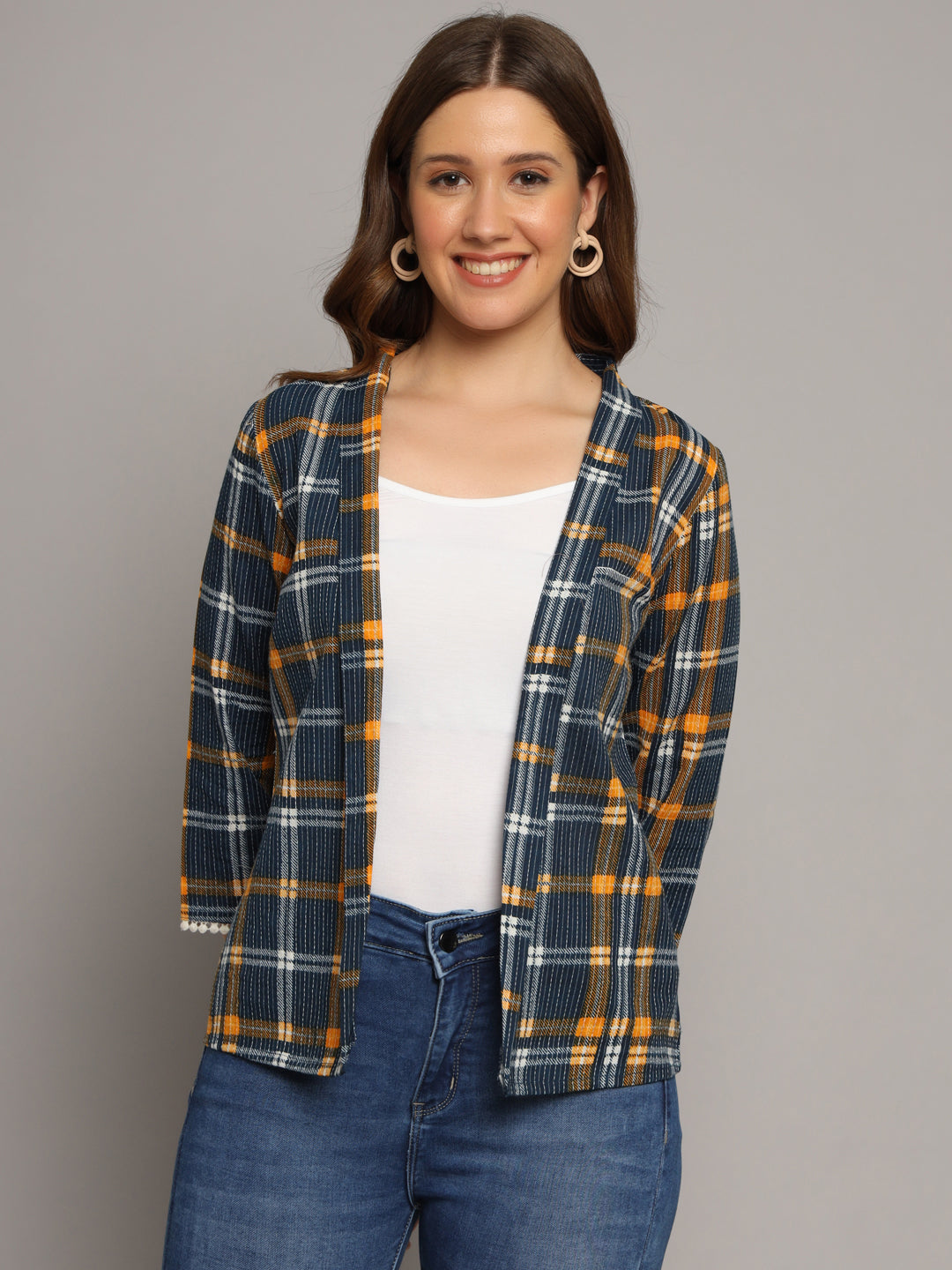 Checked Open Front Cotton Shrug